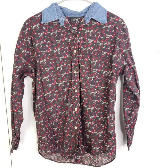Vintage Shirt Womens Small Chic All Over Florals Contrast Denim Collar Cabin - Picture 1 of 7